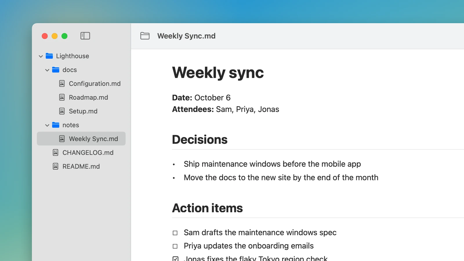 A project folder in the sidebar with a meeting note open