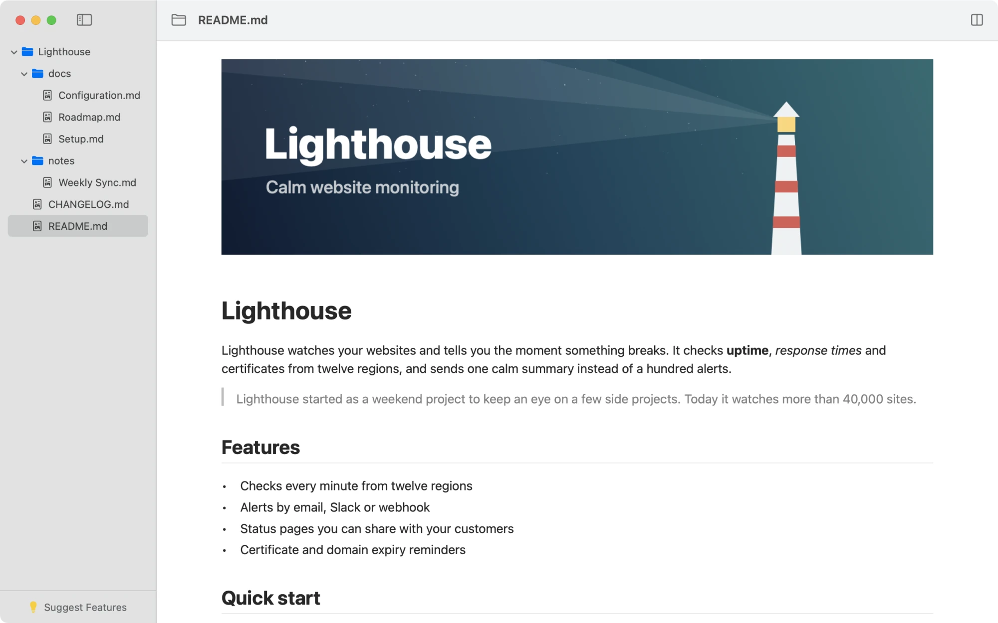 ReadMarkdown showing a project folder in the sidebar and a rendered README